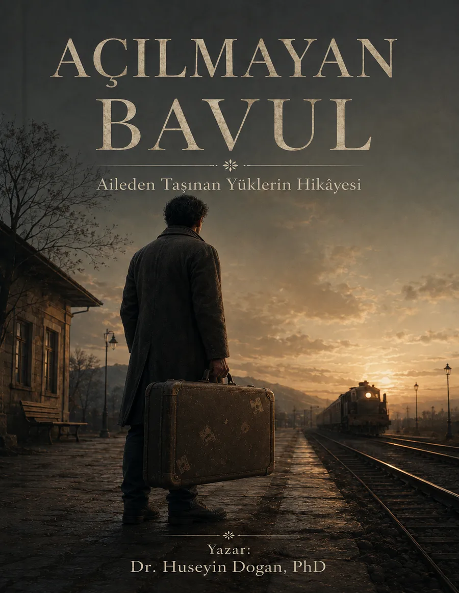 Açılmayan Bavul kitap kapağı — elinde eski bir bavulla tren peronunda duran bir adam